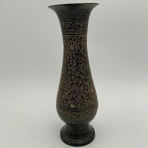 Vintage Etched Brass Vase from India - 10" Tall Fluted Top